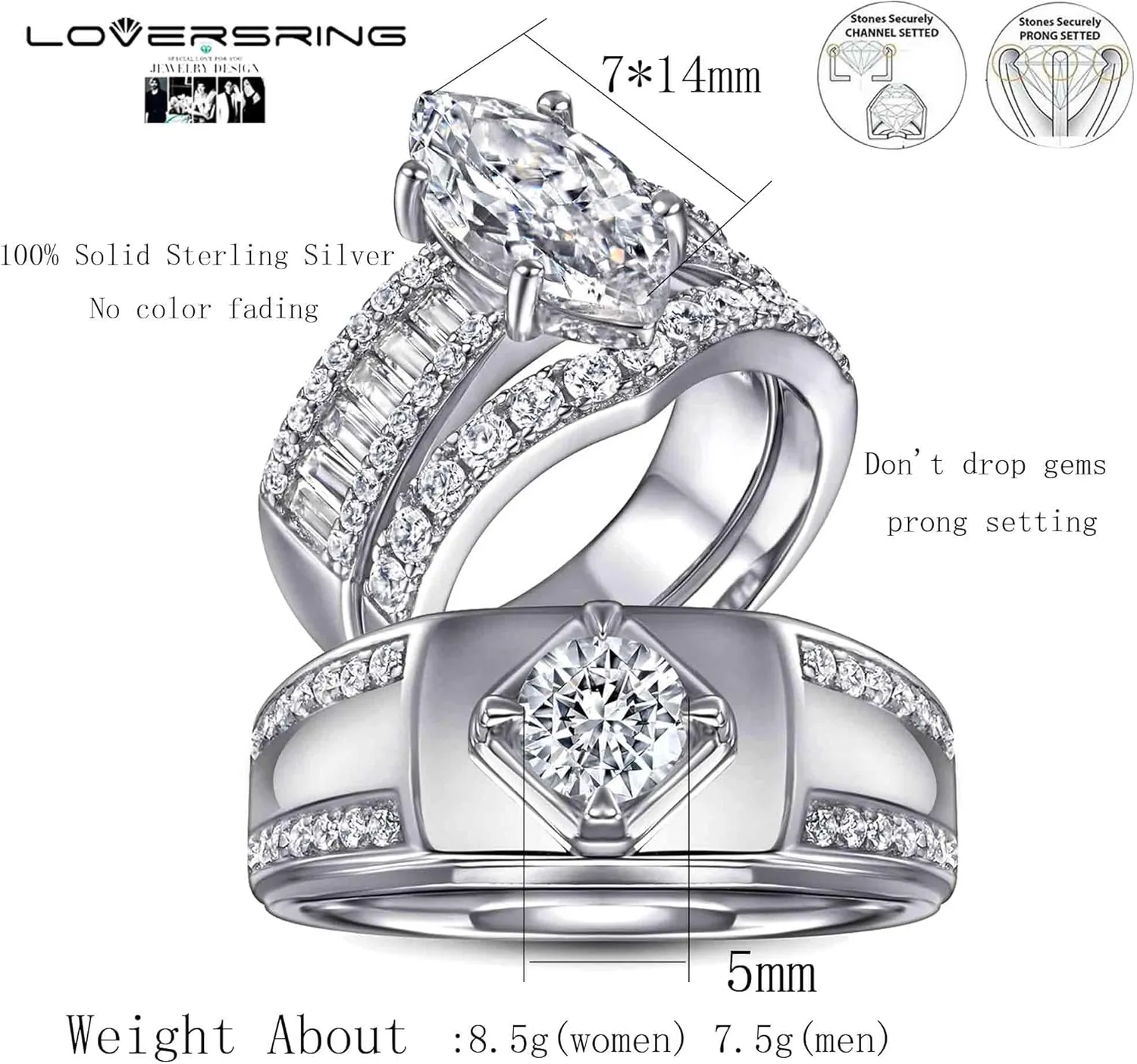 TWO RINGS Wedding Ring Sets His And Hers Promise Ring Couples Bridal Sets Women S925 Sterling Silve Moissanite Man Wedding Bands