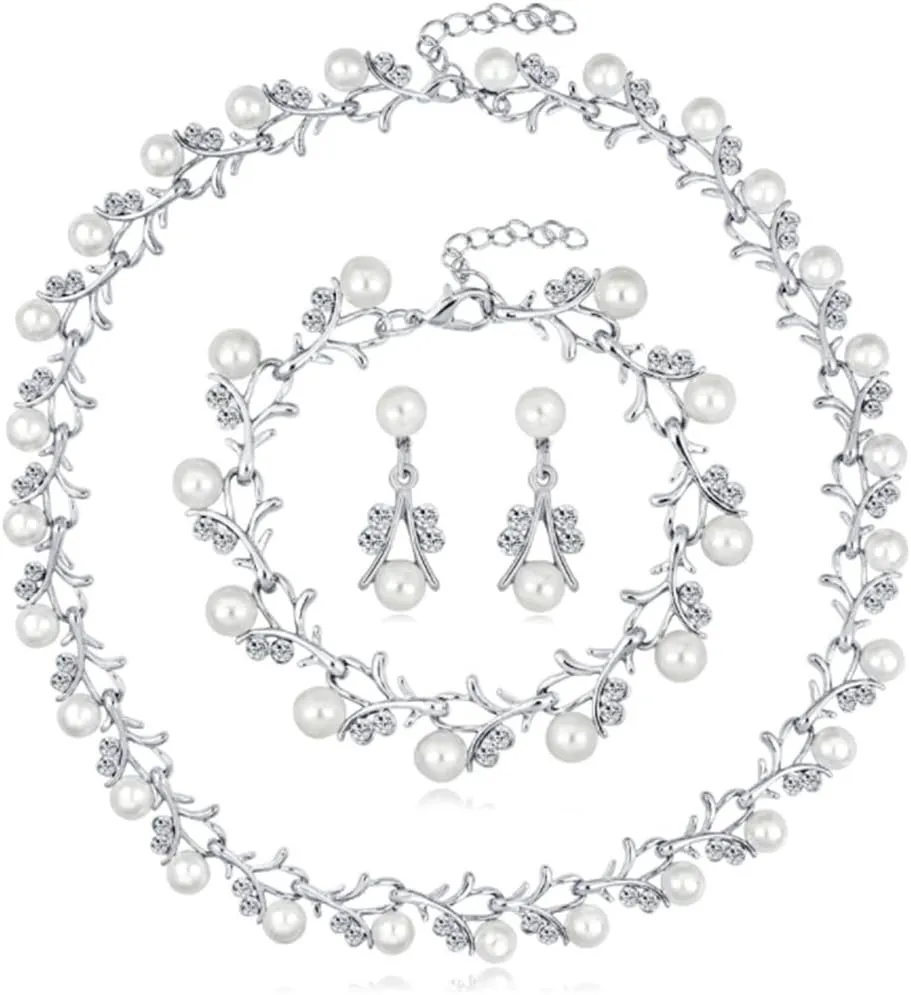 Unicra Pearl Bride Wedding Jewelry Set Crystal Bridal Necklace Bracelet Earrings Sets Rhinestone Choker Necklace Prom Costume Jewelry Set for Women and Brides