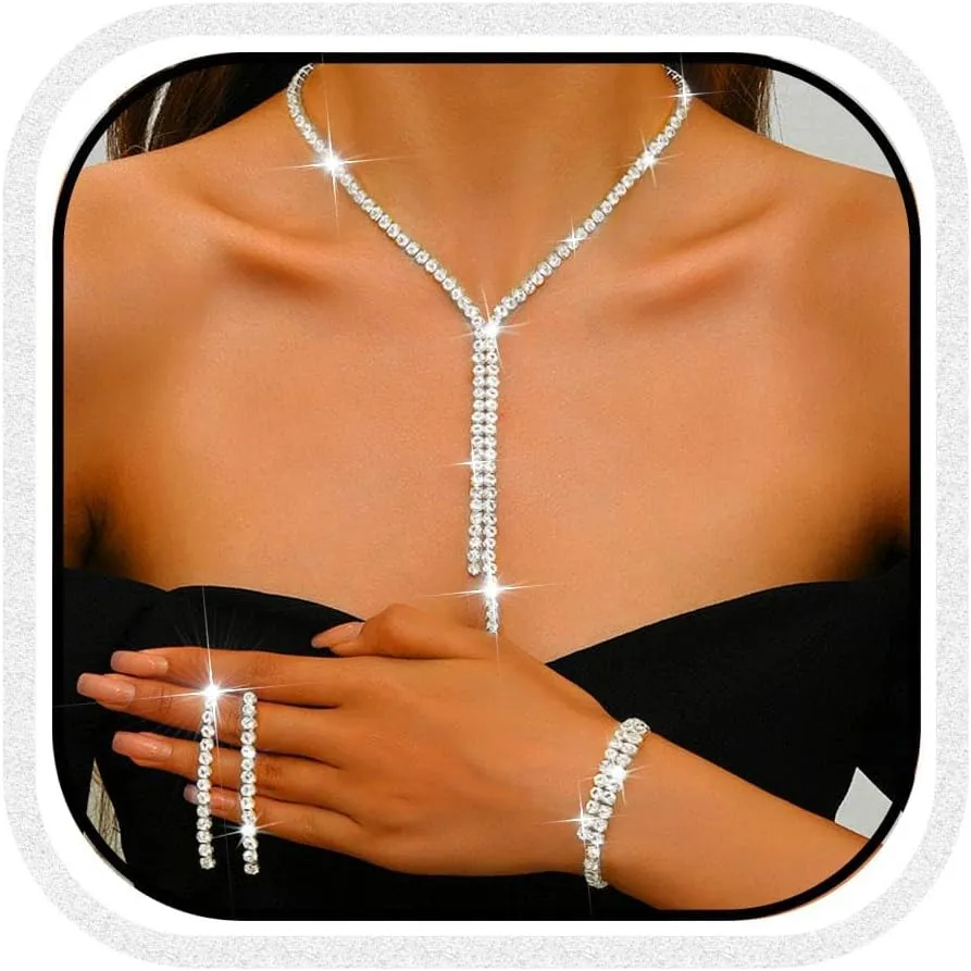 Unicra Silver Bridal Wedding Jewelry Sets Rhinestone Necklace Earrings Bracelet Set Prom Formal Costume Jewelry Sets for Women and Brides