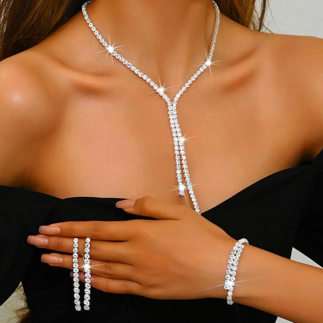 Unicra Silver Bridal Wedding Jewelry Sets Rhinestone Necklace Earrings Bracelet Set Prom Formal Costume Jewelry Sets for Women and Brides