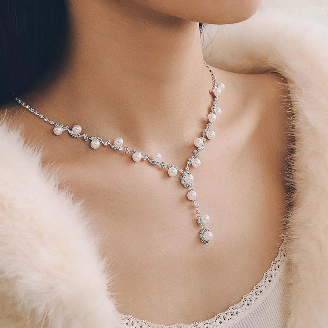 Unicra Silver Pearl Bridal Wedding Jewelry Set Rhinestone Necklace Earrings Bracelet Sets Formal Costume Jewelry for Women and Brides