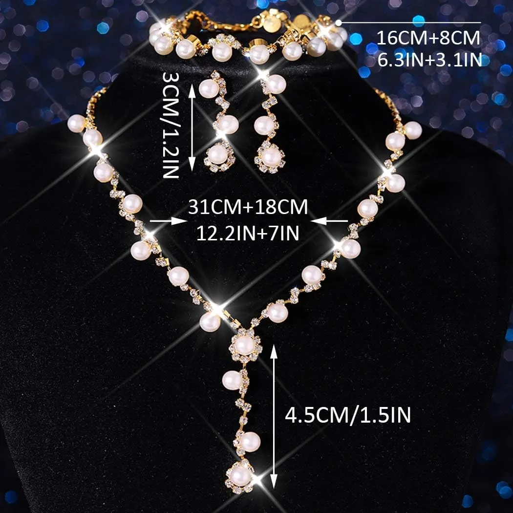 Unicra Silver Pearl Bridal Wedding Jewelry Set Rhinestone Necklace Earrings Bracelet Sets Formal Costume Jewelry for Women and Brides