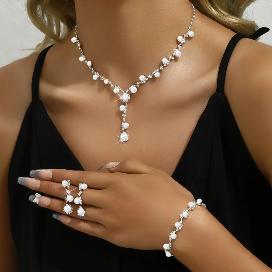Unicra Silver Pearl Bridal Wedding Jewelry Set Rhinestone Necklace Earrings Bracelet Sets Formal Costume Jewelry for Women and Brides