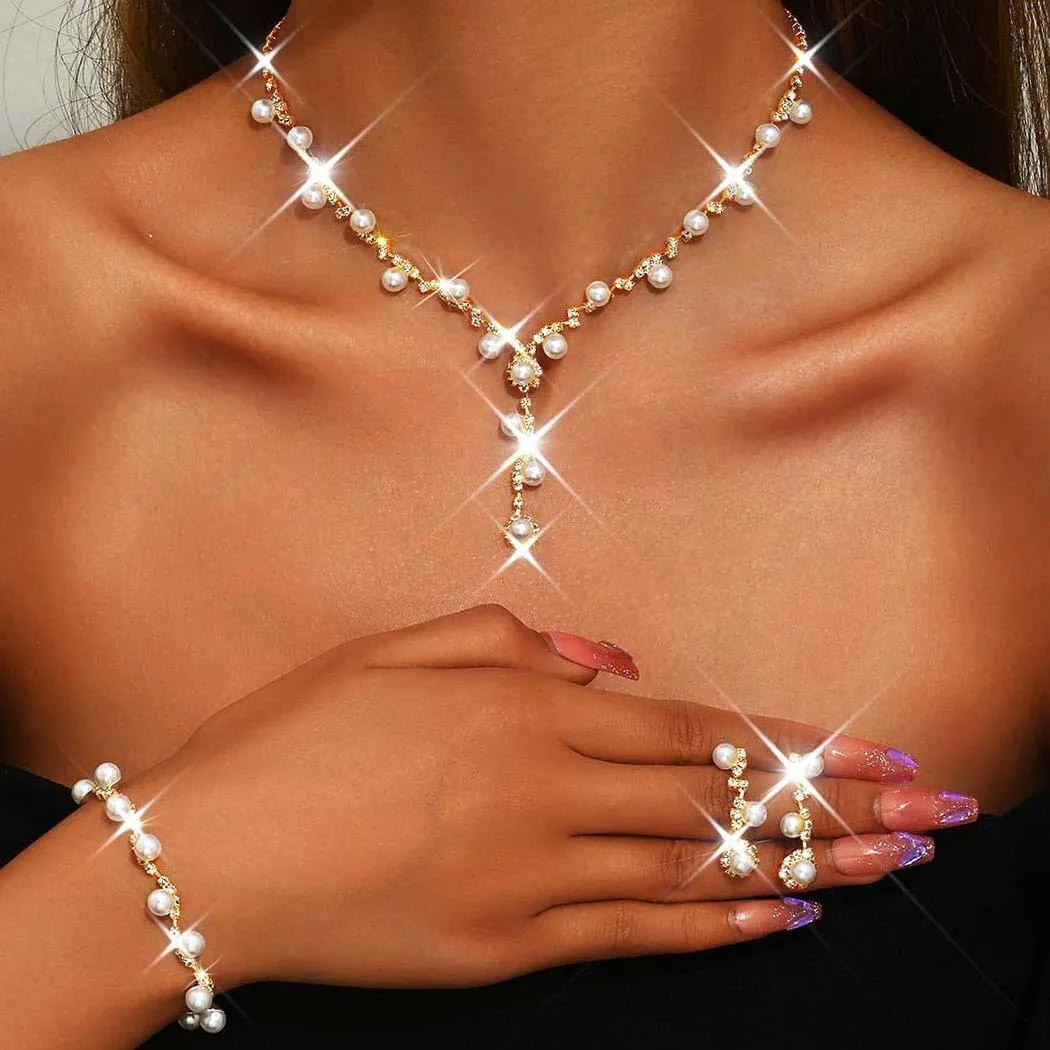 Unicra Silver Pearl Bridal Wedding Jewelry Set Rhinestone Necklace Earrings Bracelet Sets Formal Costume Jewelry for Women and Brides