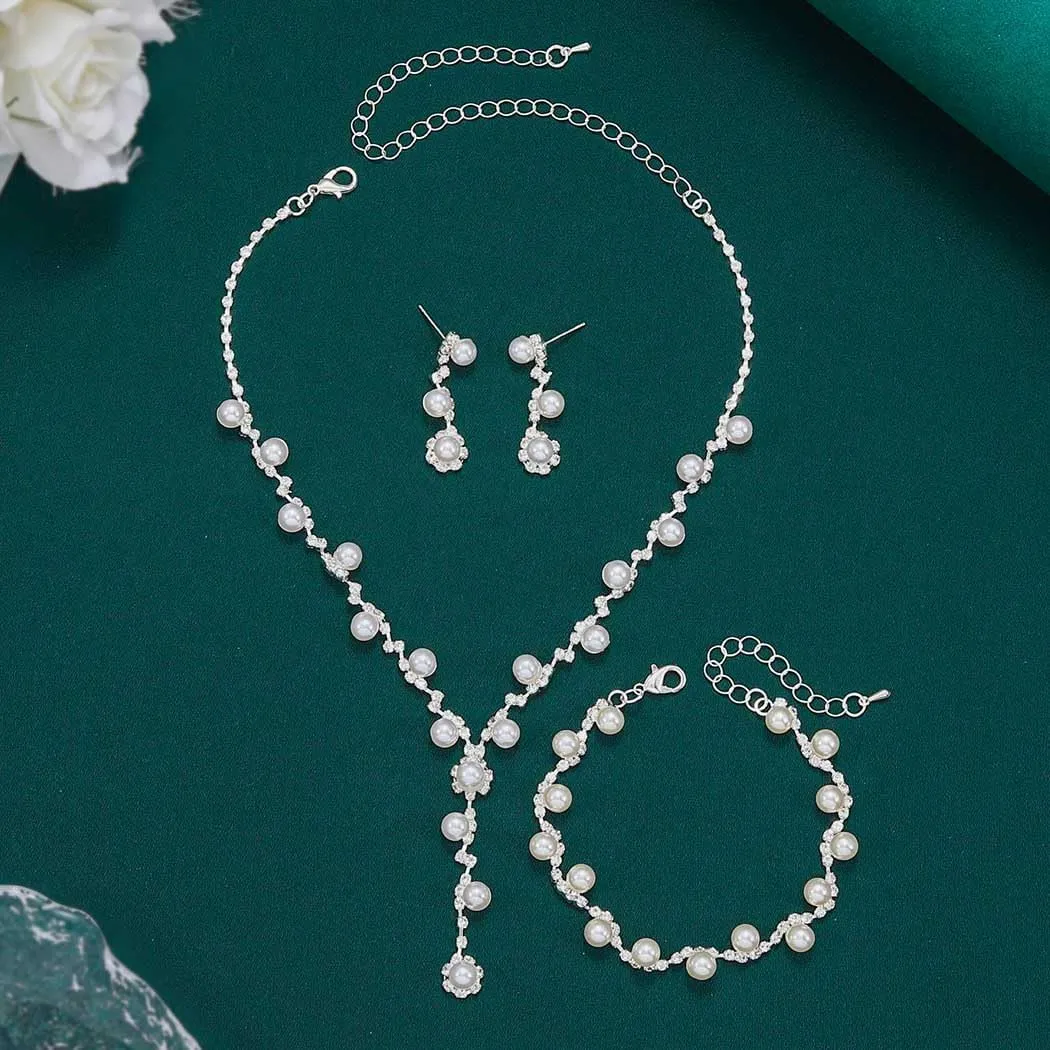 Unicra Silver Pearl Bridal Wedding Jewelry Set Rhinestone Necklace Earrings Bracelet Sets Formal Costume Jewelry for Women and Brides