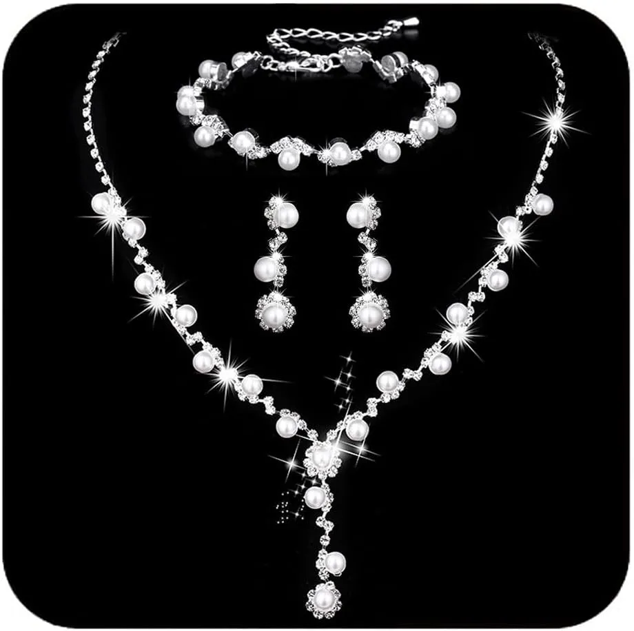 Unicra Silver Pearl Bridal Wedding Jewelry Set Rhinestone Necklace Earrings Bracelet Sets Formal Costume Jewelry for Women and Brides