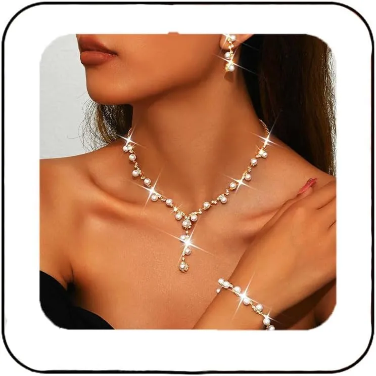 Unicra Silver Pearl Bridal Wedding Jewelry Set Rhinestone Necklace Earrings Bracelet Sets Formal Costume Jewelry for Women and Brides