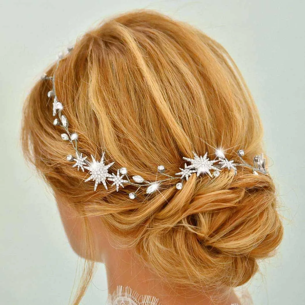 Unicra Star Rhinestone Bride Wedding Vine Gold Bridal Hair Piece Crystal Hair Accessory for Women and Girls (21 Inches) (Silver)