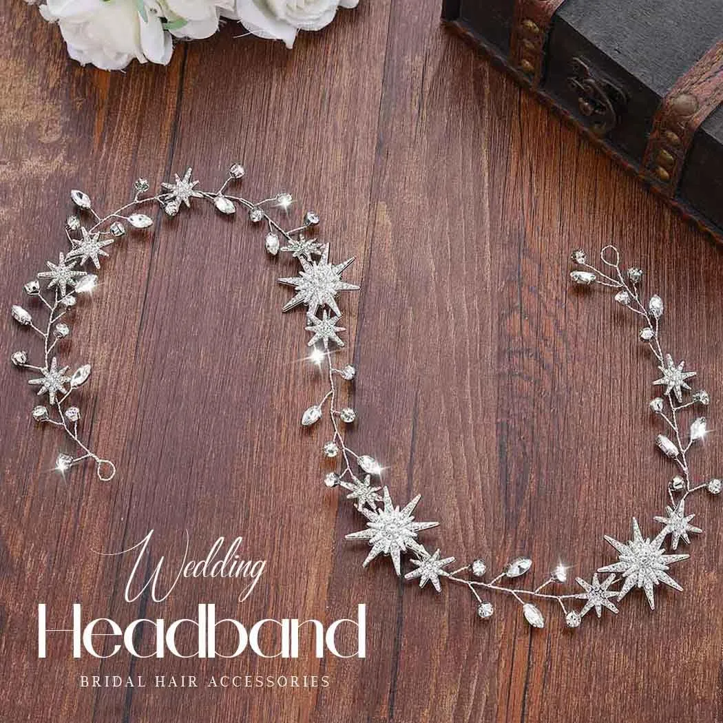 Unicra Star Rhinestone Bride Wedding Vine Gold Bridal Hair Piece Crystal Hair Accessory for Women and Girls (21 Inches) (Silver)