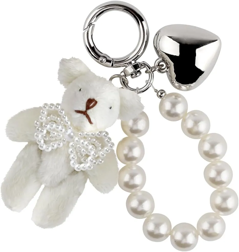 White Bear Plush Keychain,Fluffy Cute Keychain Pearl Pendant Key Chains for Car Keys,Heart Key Rings Stuffed Animal Keychain Cute Keychains Bag Charms Keychain Accessories for Backpack Charms Handbag