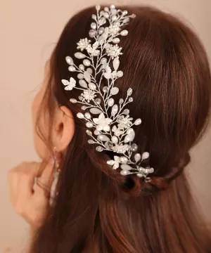 Xerling Wedding Flower Hair Vine for Brides Silver Crystal Hair Piece for Women Rhinestone Pearl Hair Accessory for Girls Headband Hair Band Jewelry