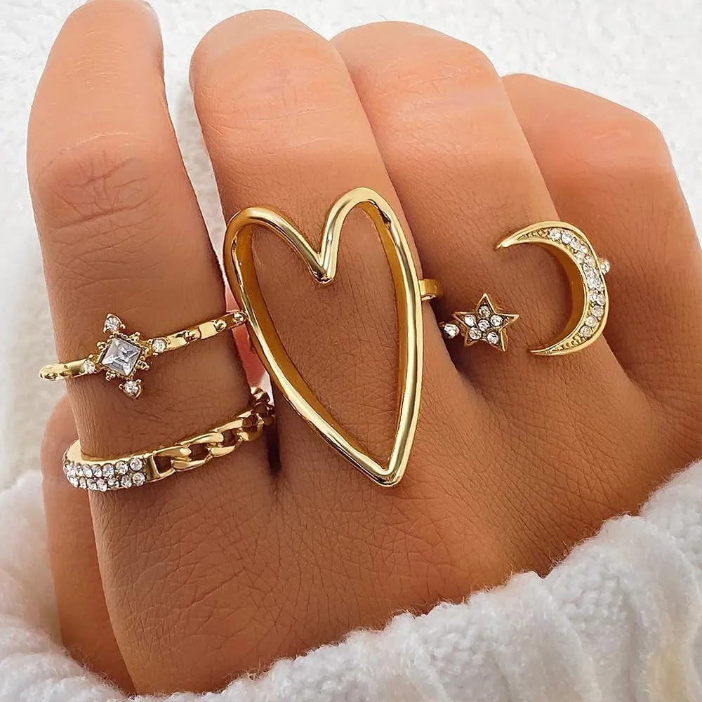 YOOESTORES82 Crystal Stackable Knuckle Rings Sets for Women,14K Gold Sparking Cubic Zirconia Star Moon Heart Finger Rings Rhinestone Jewelry Gifts
